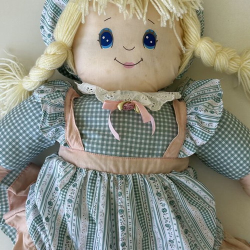 Large fabric doll 68 cm used with blonde braids and floral dress
