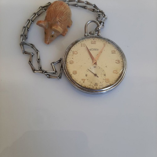 Pocket Watch Technos used, with silver chain, 1947, Swiss Made