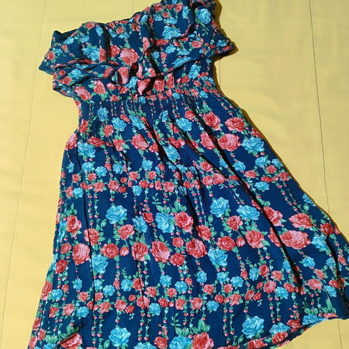 Floral mini strapless dress with ruffles, cotton, blue