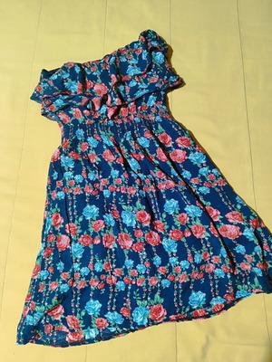 Floral mini strapless dress with ruffles, cotton, blue