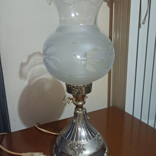 Vintage silver-plated table lamp with matte glass shade