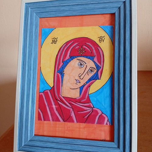 Icon of Panagia 10x15 cm new, handmade with frame