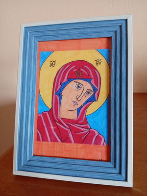Icon of Panagia 10x15 cm new, handmade with frame