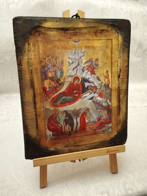 Handmade Orthodox icon of the Nativity of Christ on wood