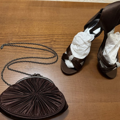 Satin brown bag with gift sandals size 39 like new