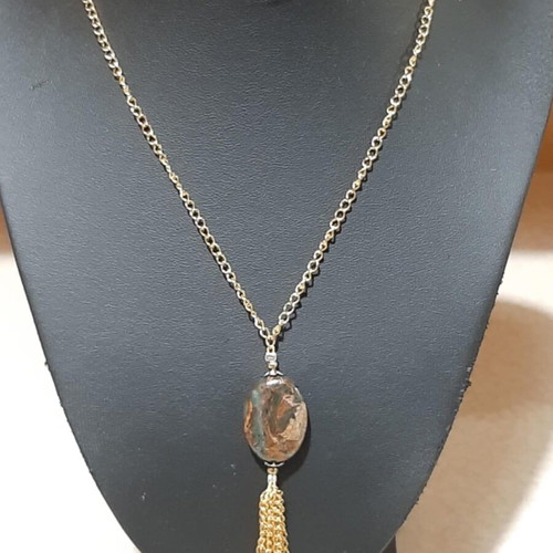 Necklace and earrings set with rutilated quartz in steel, length 80 cm, new