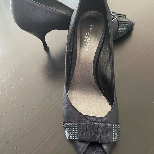 Peep-toe shoes J. Bournazos used, blue satin with strass, size 39