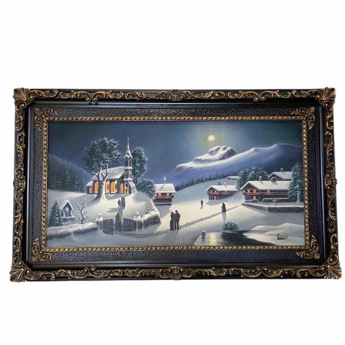 Vintage wall painting used with winter landscape in carved frame 90x150