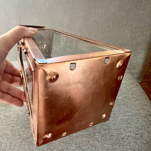 Metal candle lantern used, copper color