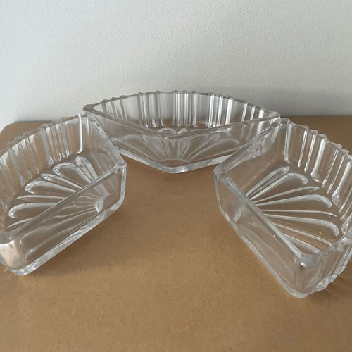 Vintage glass serving tray used with embossed fan design, 3 sections