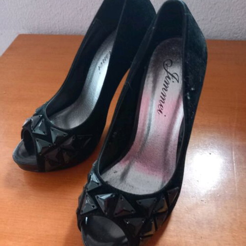 Black open-toe heels with stones used