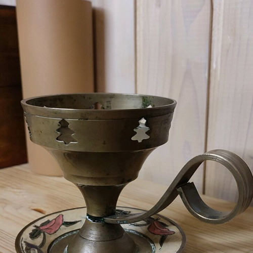 Candle Holder Incense Burner vintage solid brass with hand-painted design