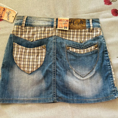 Denim mini skirt new with plaid details, size 26 S