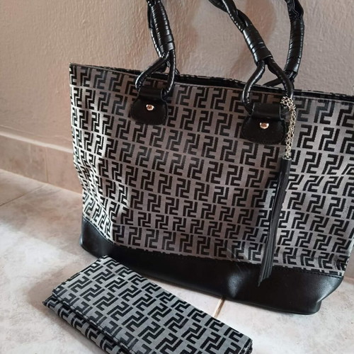 Modern Geometric Handbag and Wallet Set Black-Grey