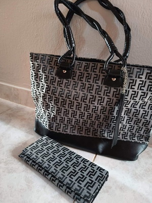 Modern Geometric Handbag and Wallet Set Black-Grey