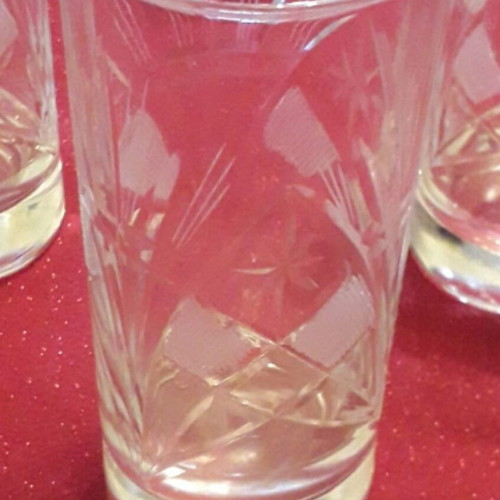 Set of six crystal water or whiskey glasses with embossed designs new