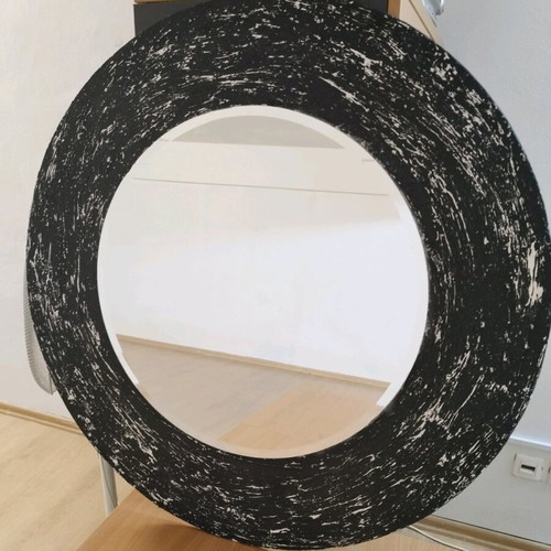Mirror handmade wood and plaster with embossed black design, used, 70 cm diameter