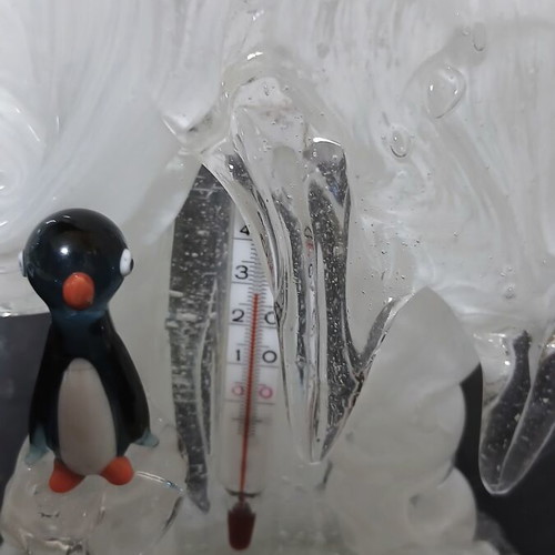 Jaroslav Brychta Glass Thermometer with Penguin, ŽBS Czechoslovakia 1950s