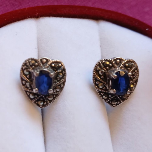 Silver 925 earrings with sapphire and marcasites, like new, vintage