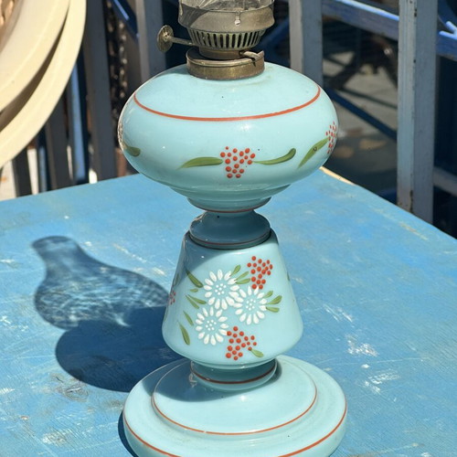 Vintage opaline oil lamp used with hand-painted floral decor 45x11.5 cm