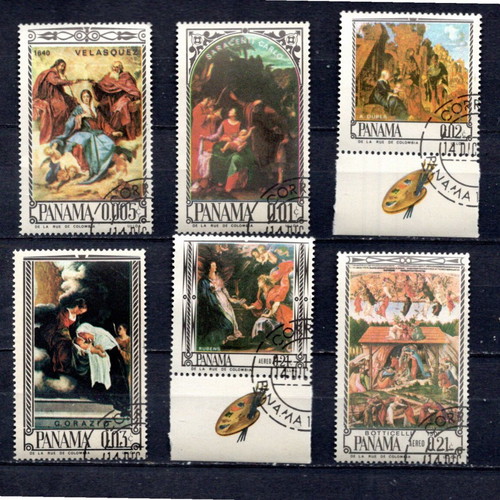 Collectible Panama 1966 stamps used with religious paintings