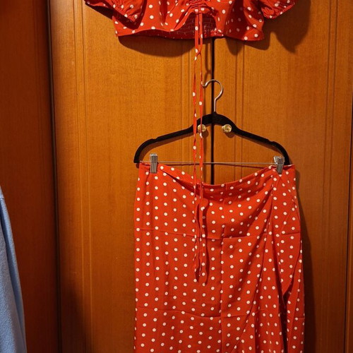 Shein polka dot skirt and crop top set, red and white