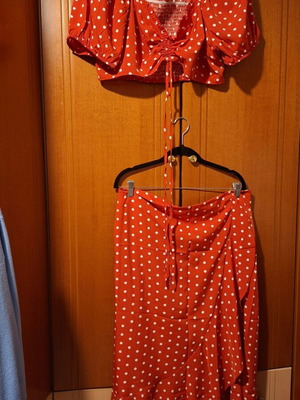 Shein polka dot skirt and crop top set, red and white