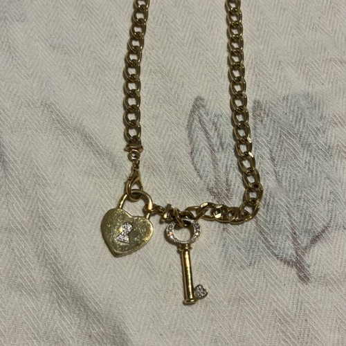 Gold chain necklace with heart and key zirconia