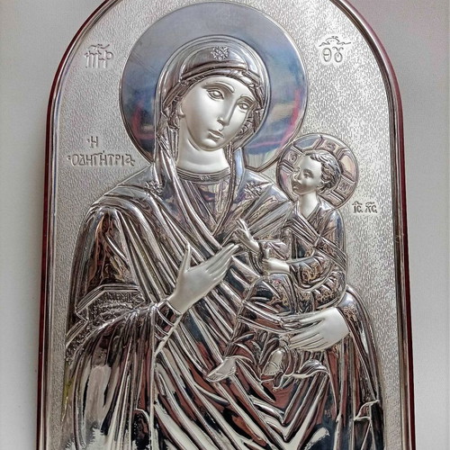 Silver icon of Panagia Odigitria in wooden frame