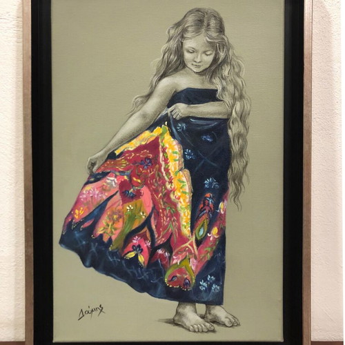 Authentic painting by artist Doumis like new, acrylic and charcoal on canvas with wooden frame