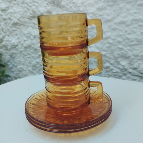 Vintage coffee set 3 pieces amber glass Sunflower design