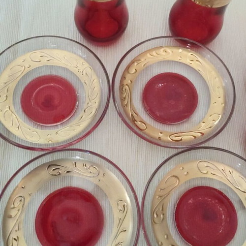Vintage red glass liqueur tea set with gold used