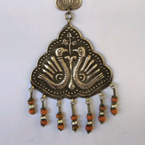 Large ethnik handmade silver earrings with coral and pearl like new