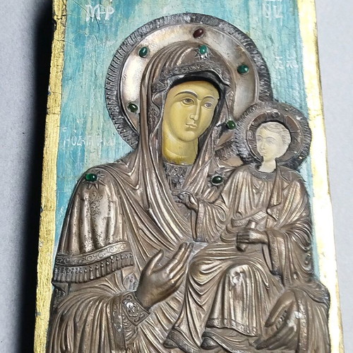 Handmade Orthodox Icon of Virgin Mary with Silver 950