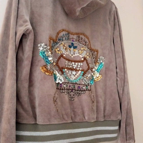 Velvet gray cardigan with mouse design and rhinestones like new