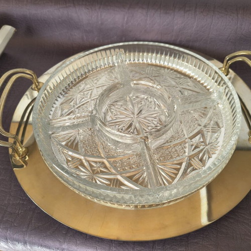 Vintage serving set with crystal platter and gold tray