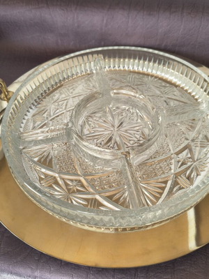 Vintage serving set with crystal platter and gold tray