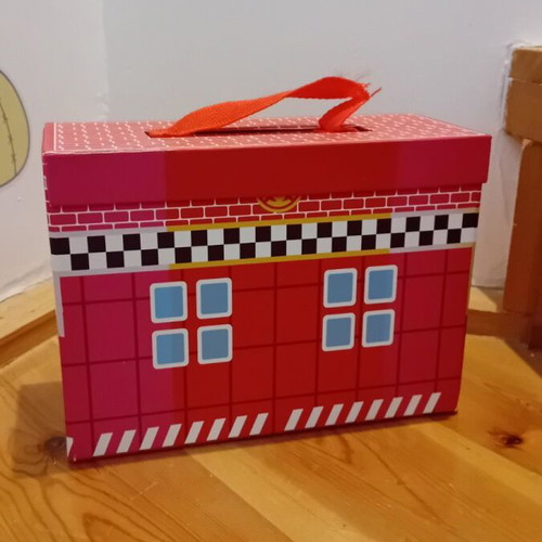 Small Foot fire station suitcase used with 11 wooden toys
