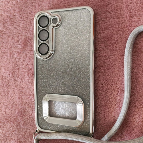 Samsung Galaxy S23 gray glossy glitter case with lanyard new