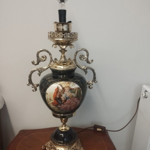 Vintage porcelain and bronze table lamp cobalt blue used