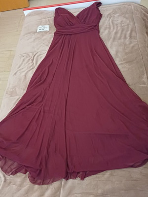 Dress long red like new, tulle overlay with ribbons