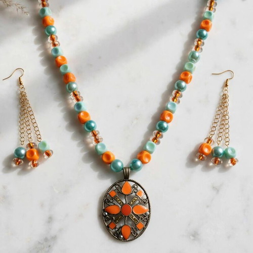 Handmade orange and green color long necklace and earrings set