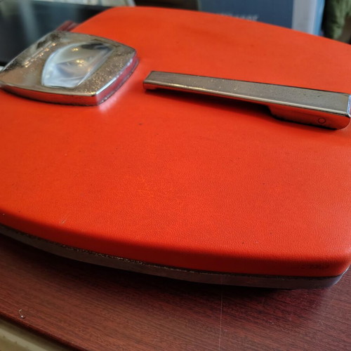 Vintage home scale with leather and inox details, 60s-70s