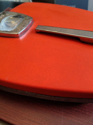Vintage home scale with leather and inox details, 60s-70s