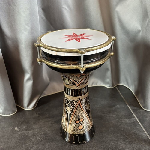 Dumbek drum with handmade black, silver and copper decoration