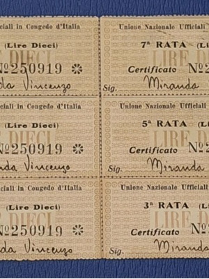 Ιταλικά στρατιωτικά κουπόνια UNUCI μεταχειρισμένα, σετ 6x10 Lire