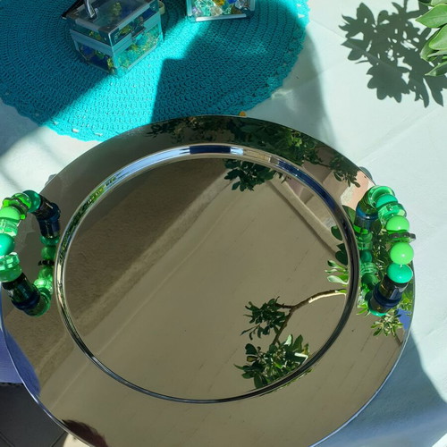 Alessi inox serving tray with green bead handles new with box