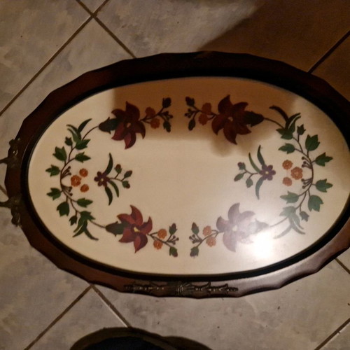Vintages handmade tray with semene embroidery and brass handles new