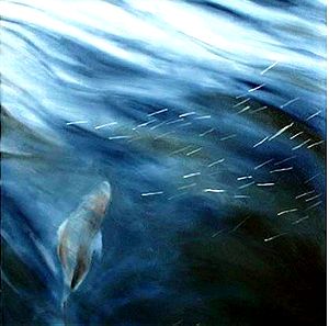 DOLPHINS FOLLOWING THE BOAT 1+2. 2003. OIL ON CANVAS. ORIGINAL PAINTING 60X90X3 cm. (MARINA ROSS)