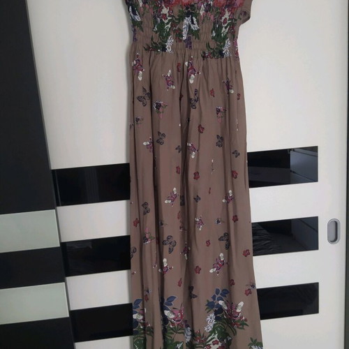 Long strapless dress like new, brown with colorful floral and butterfly patterns, sizes S/M